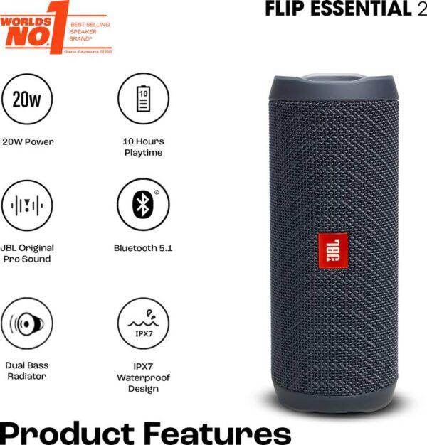 JBL Flip Essential 2, Deep Bass, 10Hrs Playtime, IPX7 Waterproof, Portable 20 W Bluetooth Speaker  (Black, Mono Channel) - Image 4